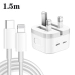 Carregador PD 35W com Duas Portas USB-C / Tipo-C e Cabo de Dados Tipo-C para 8 Pinos, Ficha Reino Unido, Ficha Reino Unido + Cabo 8 Pinos 1m, Ficha Reino Unido + Cabo 8 Pinos 1,5m, Ficha Reino Unido + Cabo 8 Pinos 2m