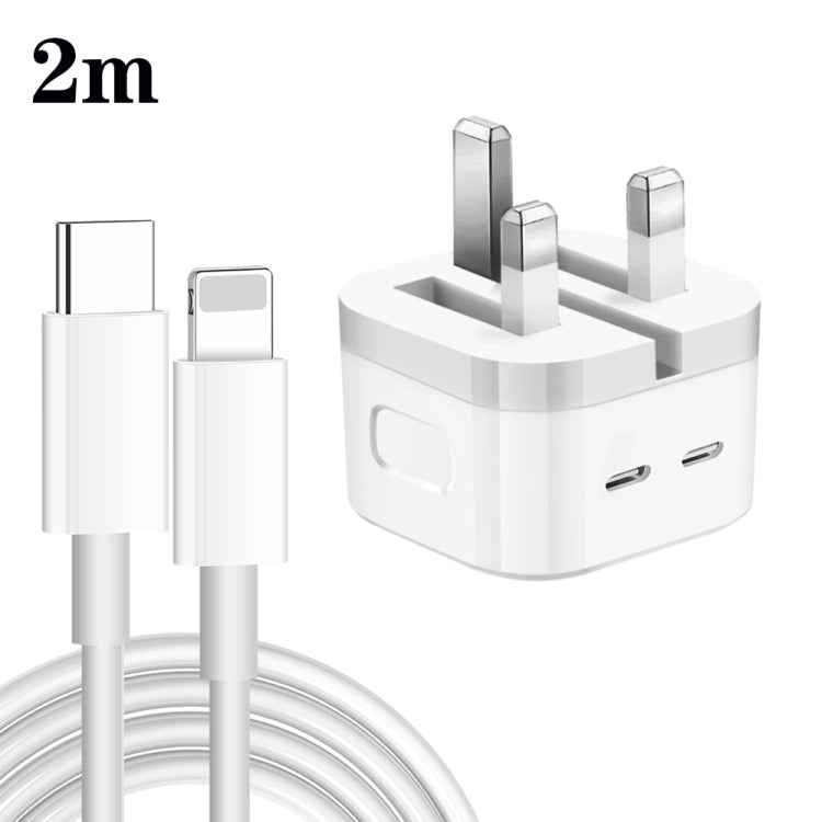 Carregador PD 35W com Duas Portas USB-C / Tipo-C e Cabo de Dados Tipo-C para 8 Pinos, Ficha Reino Unido, Ficha Reino Unido + Cabo 8 Pinos 1m, Ficha Reino Unido + Cabo 8 Pinos 1,5m, Ficha Reino Unido + Cabo 8 Pinos 2m