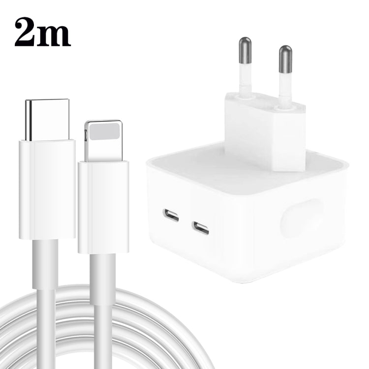 Carregador PD 35W com Duas Portas USB-C / Tipo-C e Cabo de Dados Tipo-C para 8 Pinos, Ficha UE, Ficha UE + Cabo 8 Pinos 1,5m, Ficha UE + Cabo 8 Pinos 2m