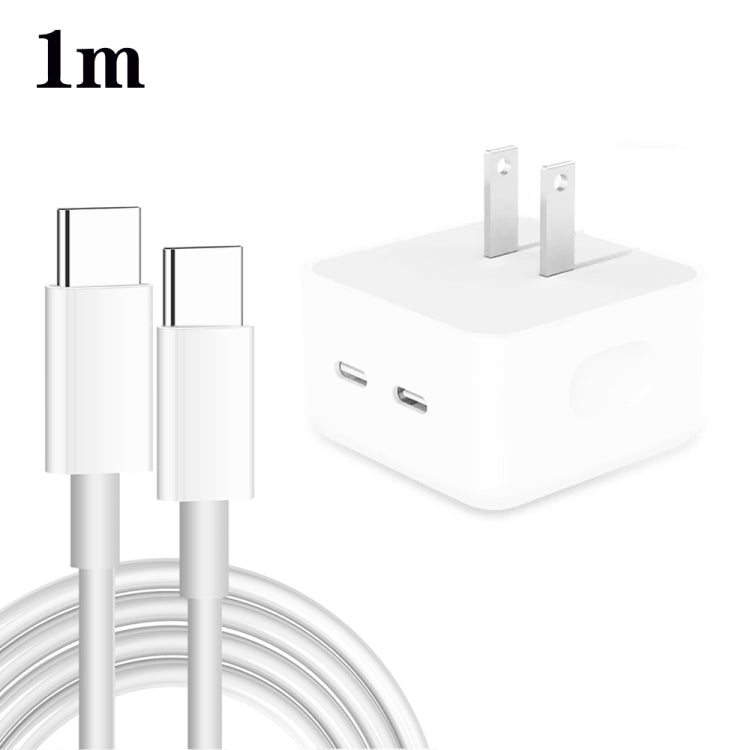 Carregador PD 35W com Duas Portas USB-C / Type-C e Cabo de Dados Type-C para Type-C, Ficha EUA, Ficha EUA + Cabo Duplo Type-C 1m, Ficha EUA + Cabo Duplo Type-C 2m