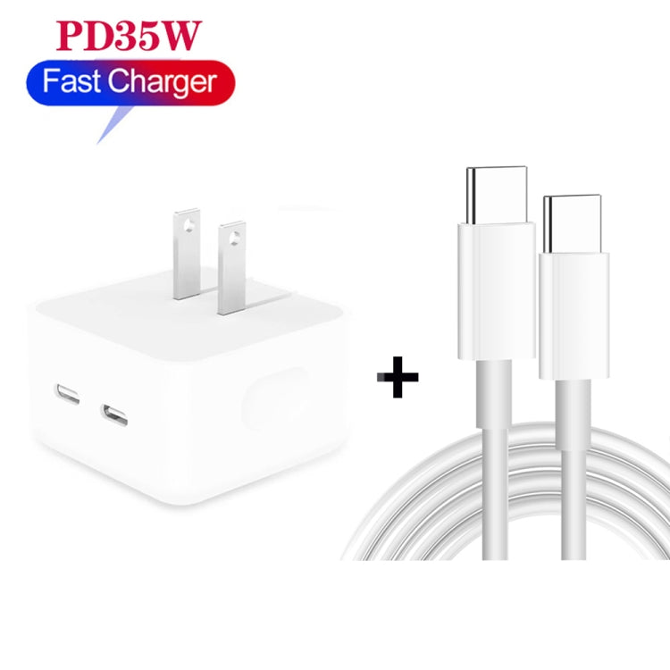 Carregador PD 35W com Duas Portas USB-C / Type-C e Cabo de Dados Type-C para Type-C, Ficha EUA, Ficha EUA + Cabo Duplo Type-C 1m, Ficha EUA + Cabo Duplo Type-C 2m