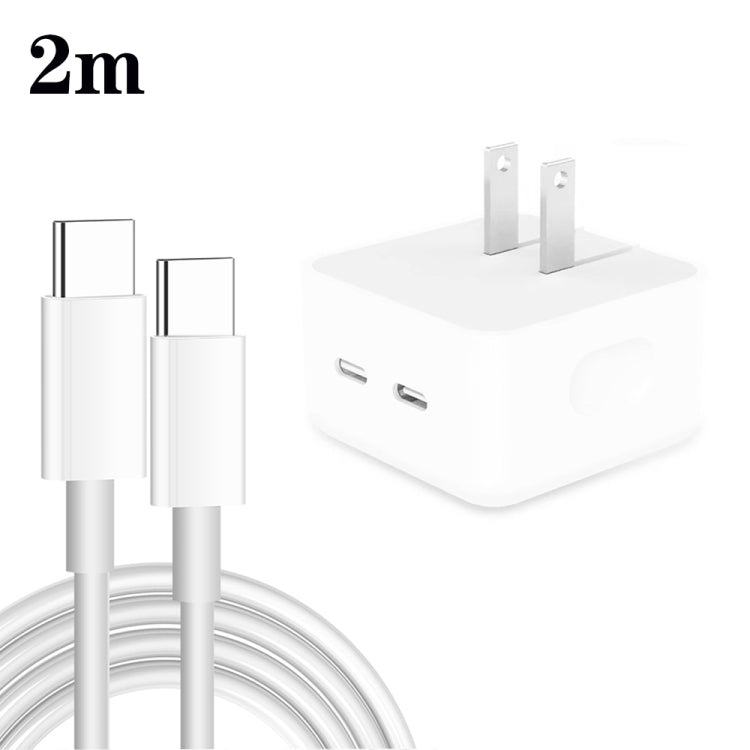 Carregador PD 35W com Duas Portas USB-C / Type-C e Cabo de Dados Type-C para Type-C, Ficha EUA, Ficha EUA + Cabo Duplo Type-C 1m, Ficha EUA + Cabo Duplo Type-C 2m