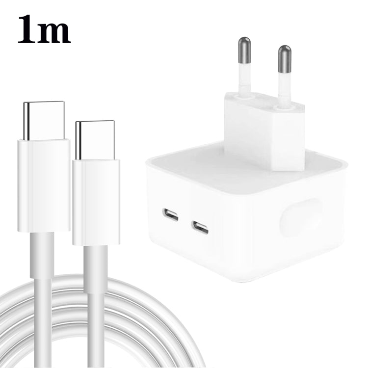 Carregador PD 35W com Duas Portas USB-C / Type-C e Cabo de Dados Type-C para Type-C, Ficha UE, Ficha UE + Cabo Duplo Type-C 1m, Ficha UE + Cabo Duplo Type-C 2m