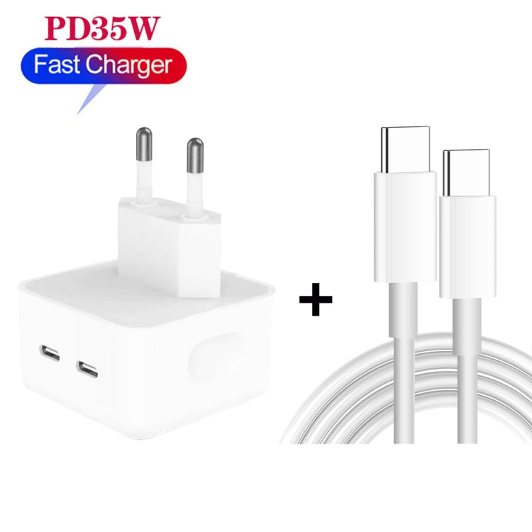 Carregador PD 35W com Duas Portas USB-C / Type-C e Cabo de Dados Type-C para Type-C, Ficha UE, Ficha UE + Cabo Duplo Type-C 1m, Ficha UE + Cabo Duplo Type-C 2m