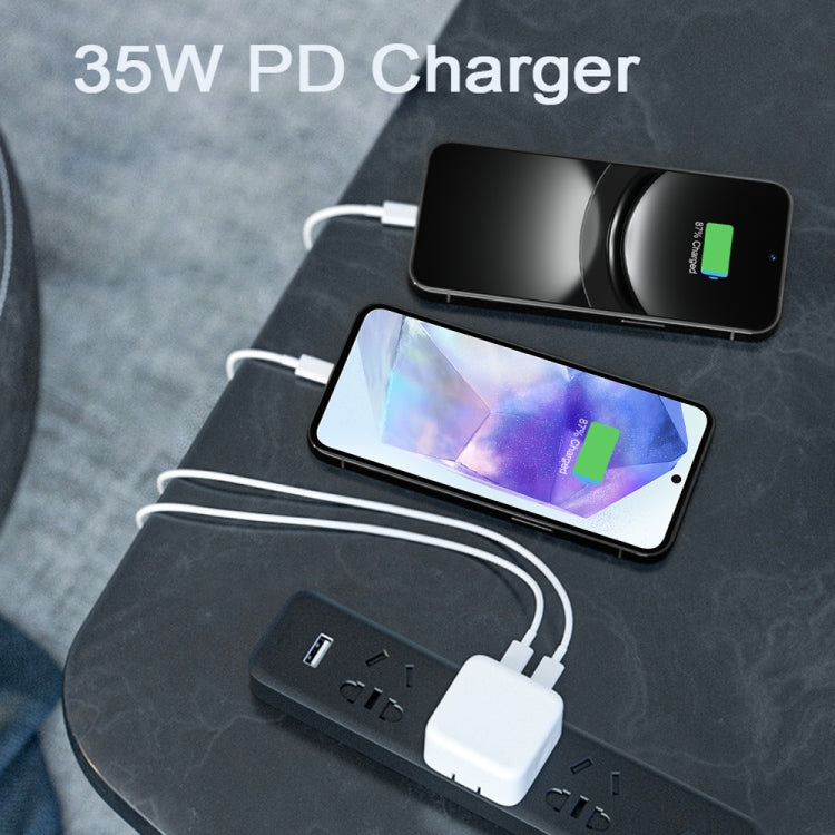 Carregador PD 35W com Duas Portas USB-C / Type-C e Cabo de Dados Type-C para Type-C, Ficha UE, Ficha UE + Cabo Duplo Type-C 1m, Ficha UE + Cabo Duplo Type-C 2m