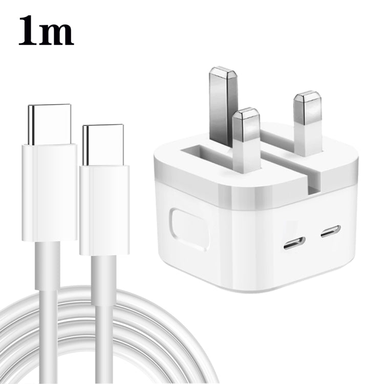Carregador PD 35W com Duas Portas USB-C / Type-C e Cabo de Dados Type-C para Type-C, Ficha UK, Ficha UK + Cabo Duplo Type-C 1m, Ficha UK + Cabo Duplo Type-C 2m