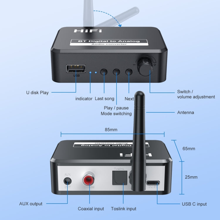 Receptor de Música Bluetooth B35S 5.2 Conversor Digital para Analógico Suporta U-disk Fibra Coaxial, B35S