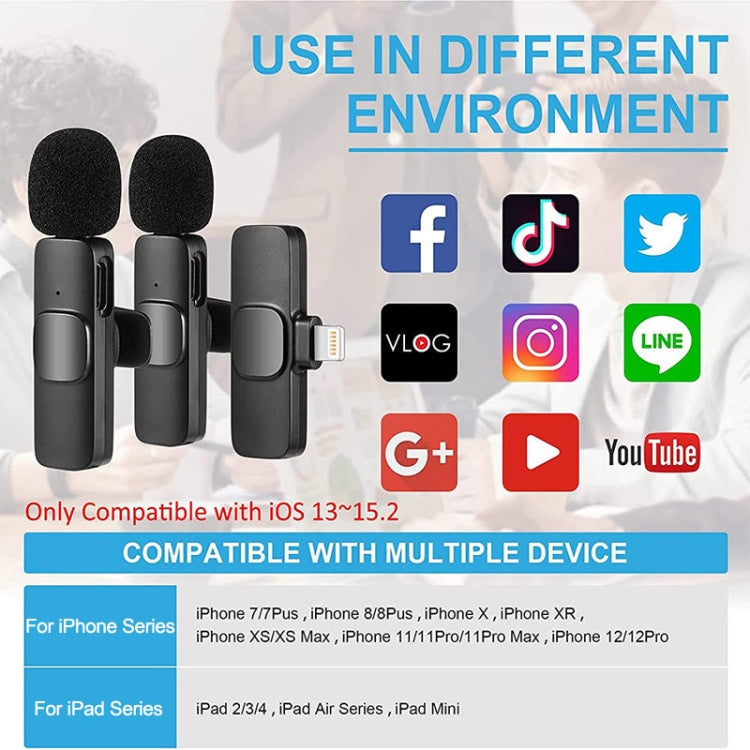 Microfone Mini Sem Fios Clip-on K9 com Cancelamento Automático de Ruído para Dispositivo de 8 Pinos 2 em 1, K9IP-2
