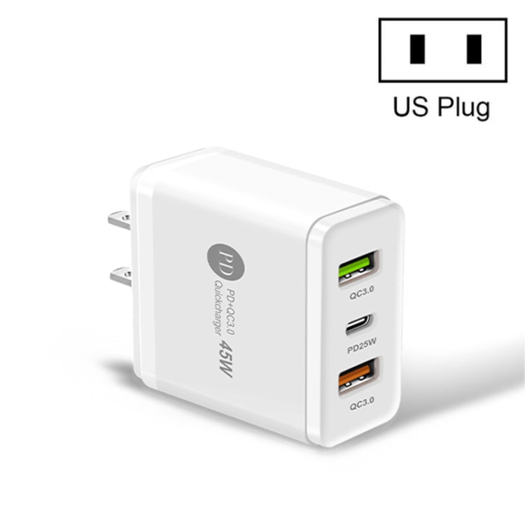 Carregador Rápido Multiporta 45W PD3.0 + 2 x USB QC3.0, Ficha EUA, Ficha EUA