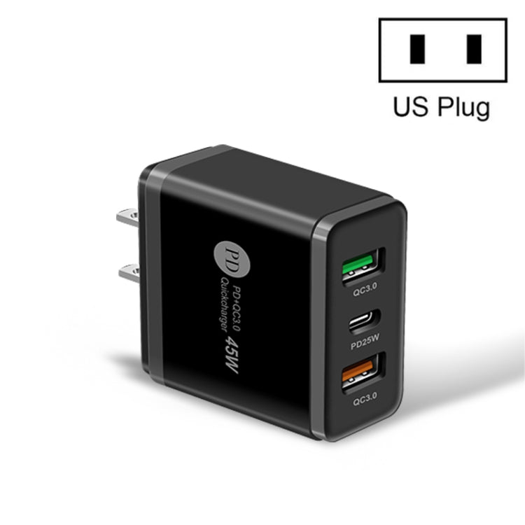 Carregador Rápido Multiporta 45W PD3.0 + 2 x USB QC3.0, Ficha EUA, Ficha EUA