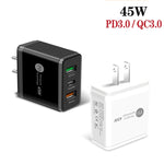 Carregador Rápido Multiporta 45W PD3.0 + 2 x USB QC3.0, Ficha EUA, Ficha EUA
