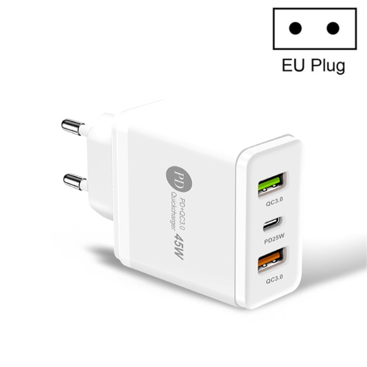 Carregador Rápido Multiporta 45W PD3.0 + 2 x USB QC3.0, Ficha UE, Ficha UE
