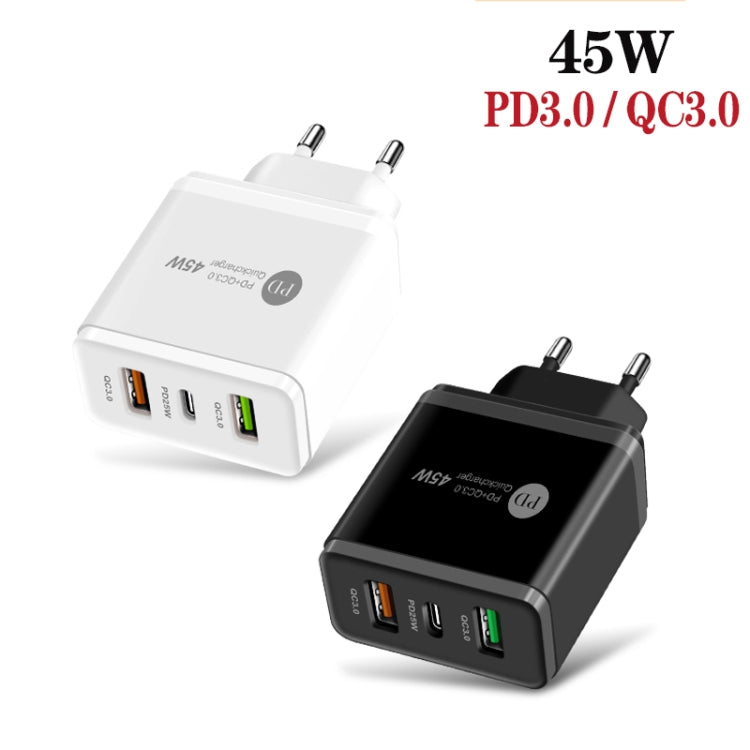 Carregador Rápido Multiporta 45W PD3.0 + 2 x USB QC3.0, Ficha UE, Ficha UE