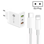 Carregador Multi Porta USB 45W PD3.0 + 2 x QC3.0 com Cabo Type-C para 8 Pinos, Ficha UE, Ficha UE + Cabo Type-C para 8 Pinos
