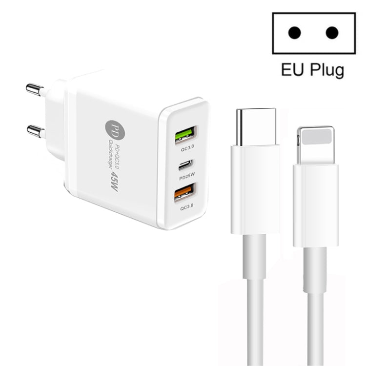 Carregador Multi Porta USB 45W PD3.0 + 2 x QC3.0 com Cabo Type-C para 8 Pinos, Ficha UE, Ficha UE + Cabo Type-C para 8 Pinos