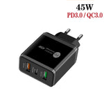 Carregador Multi Porta USB 45W PD3.0 + 2 x QC3.0 com Cabo Type-C para 8 Pinos, Ficha UE, Ficha UE + Cabo Type-C para 8 Pinos