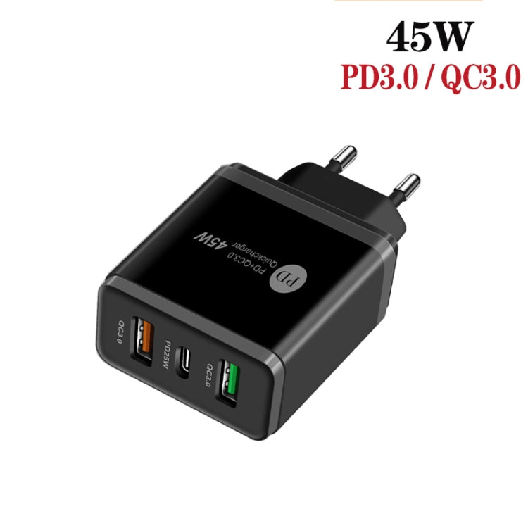 Carregador Multi Porta USB 45W PD3.0 + 2 x QC3.0 com Cabo Type-C para 8 Pinos, Ficha UE, Ficha UE + Cabo Type-C para 8 Pinos
