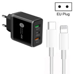 Carregador Multi Porta USB 45W PD3.0 + 2 x QC3.0 com Cabo Type-C para 8 Pinos, Ficha UE, Ficha UE + Cabo Type-C para 8 Pinos