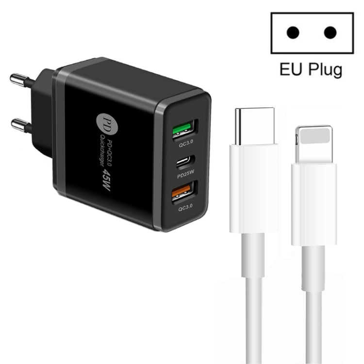 Carregador Multi Porta USB 45W PD3.0 + 2 x QC3.0 com Cabo Type-C para 8 Pinos, Ficha UE, Ficha UE + Cabo Type-C para 8 Pinos