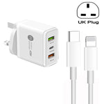 Carregador Multi Porta USB 45W PD3.0 + 2 x QC3.0 com Cabo Type-C para 8 Pinos, Ficha UK, Ficha UK + Cabo Type-C para 8 Pinos