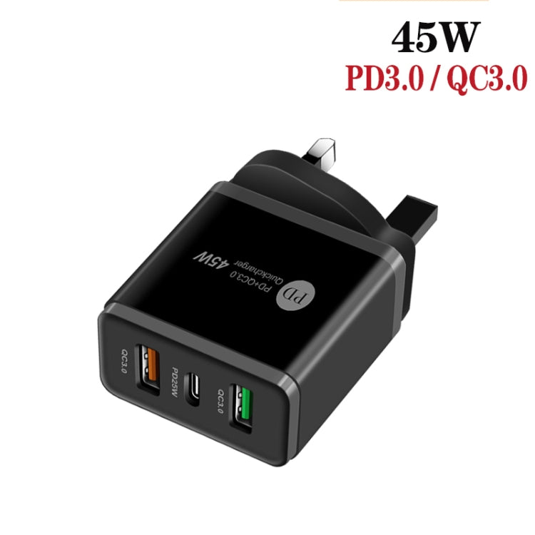 Carregador Multi Porta USB 45W PD3.0 + 2 x QC3.0 com Cabo Type-C para 8 Pinos, Ficha UK, Ficha UK + Cabo Type-C para 8 Pinos