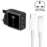Carregador Multi Porta USB 45W PD3.0 + 2 x QC3.0 com Cabo Type-C para 8 Pinos, Ficha UK, Ficha UK + Cabo Type-C para 8 Pinos