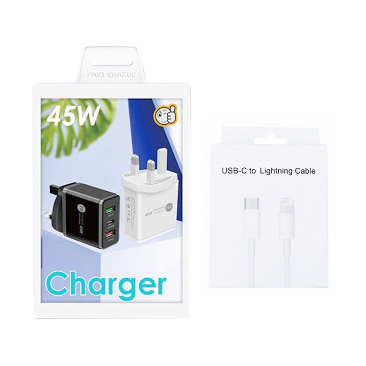 Carregador Multi Porta USB 45W PD3.0 + 2 x QC3.0 com Cabo Type-C para 8 Pinos, Ficha UK, Ficha UK + Cabo Type-C para 8 Pinos