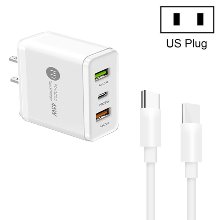 Carregador Multi Porta USB 45W PD3.0 + 2 x QC3.0 com Cabo Type-C para Type-C, Ficha EUA, Ficha EUA + Cabo Type-C para Type-C