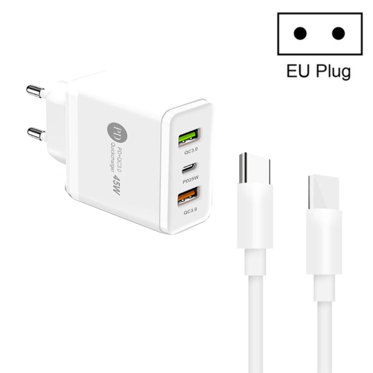 Carregador Multi Porta USB 45W PD3.0 + 2 x QC3.0 com Cabo Type-C para Type-C, Ficha UE, Ficha UE + Cabo Type-C para Type-C
