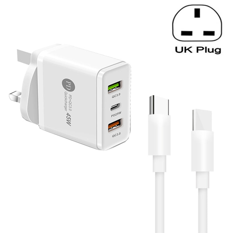 Carregador Multi Porta USB 45W PD3.0 + 2 x QC3.0 com Cabo Type-C para Type-C, Ficha UK, Ficha UK + Cabo Type-C para Type-C