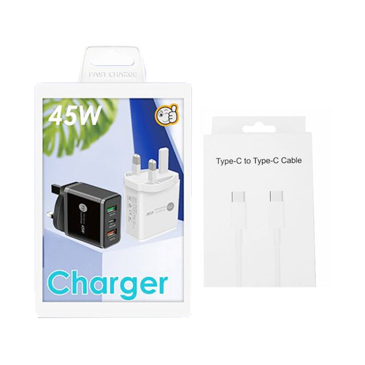 Carregador Multi Porta USB 45W PD3.0 + 2 x QC3.0 com Cabo Type-C para Type-C, Ficha UK, Ficha UK + Cabo Type-C para Type-C