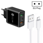 Carregador Multi Porta USB 45W PD25W + 2 x QC3.0 com Cabo USB para 8 Pinos, Ficha UE, Ficha UE + Cabo USB para 8 Pinos