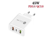 Carregador Multi Porta USB 45W PD25W + 2 x QC3.0 com Cabo USB para 8 Pinos, Ficha UE, Ficha UE + Cabo USB para 8 Pinos