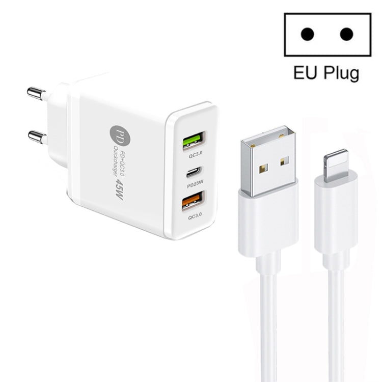 Carregador Multi Porta USB 45W PD25W + 2 x QC3.0 com Cabo USB para 8 Pinos, Ficha UE, Ficha UE + Cabo USB para 8 Pinos