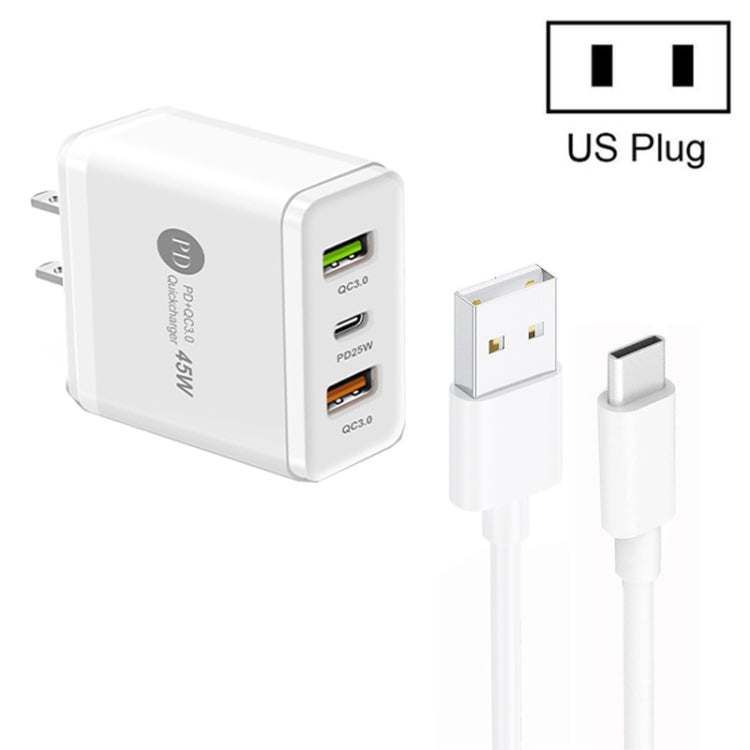 Carregador Multi Porta USB 45W PD25W + 2 x QC3.0 com Cabo USB para Type-C, Ficha EUA, Ficha EUA + Cabo USB para Type-C