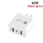 Carregador Multi Porta USB 45W PD25W + 2 x QC3.0 com Cabo USB para Type-C, Ficha EUA, Ficha EUA + Cabo USB para Type-C