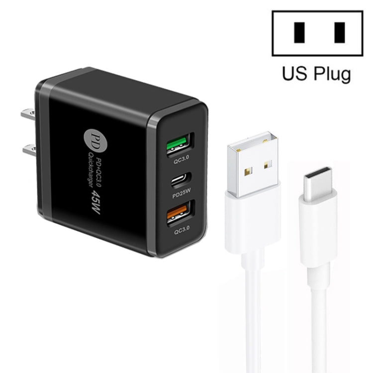 Carregador Multi Porta USB 45W PD25W + 2 x QC3.0 com Cabo USB para Type-C, Ficha EUA, Ficha EUA + Cabo USB para Type-C