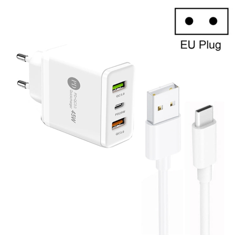 Carregador Multi Porta USB 45W PD25W + 2 x QC3.0 com Cabo USB para Type-C, Ficha UE, Ficha UE + Cabo USB para Type-C