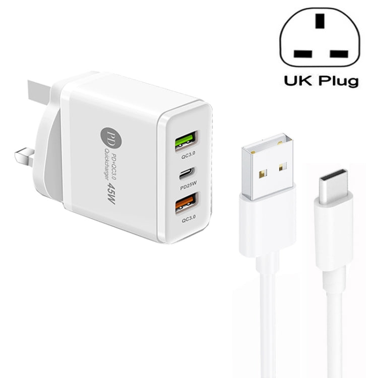 Carregador Multi Porta USB 45W PD25W + 2 x QC3.0 com Cabo USB para Type-C, Ficha UK, Ficha UK + Cabo USB para Type-C