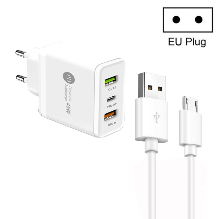 Carregador Multi Porta USB 45W PD25W + 2 x QC3.0 com Cabo USB para Micro USB, Ficha UE, Ficha UE + Cabo USB para Micro USB