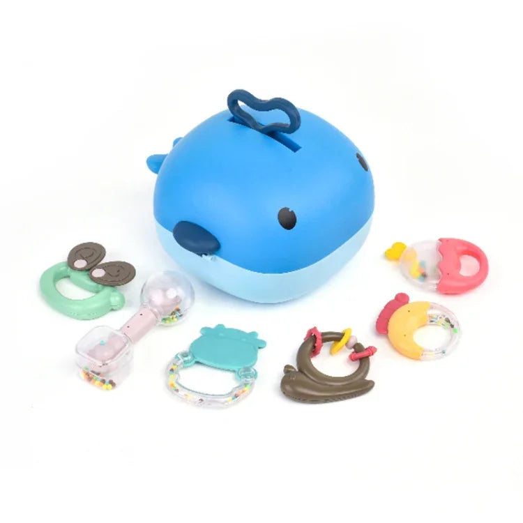 Conjunto MoFun 2029A 2 em 1 Chocalho e Mordedor para Bebé com 6 Peças e Caixa de Armazenamento em Forma de Baleia, 2029A