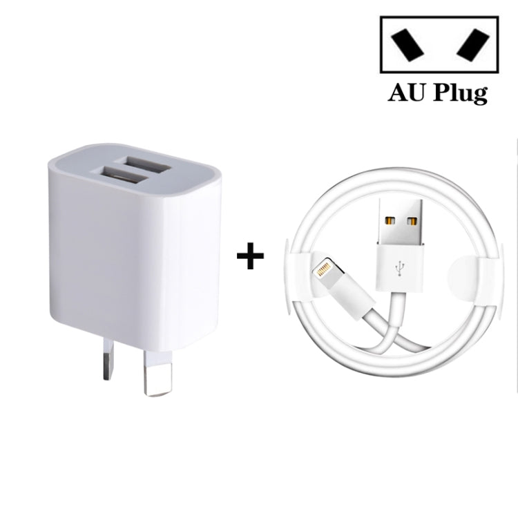 Carregador USB Mini de Dupla Porta com Cabo de Dados USB para 8 Pinos, Ficha AU, Ficha AU + Cabo 8 Pinos