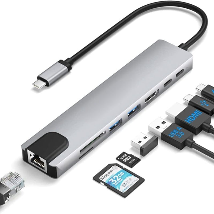 Hub USB-C / Type-C 8 em 1 DS-20808 com HDMI 4K, USB 3.0, Leitor de Cartões SD/TF, Dongle USB C para MacBook Pro/Air e Outros Dispositivos Type C, 8 em 1