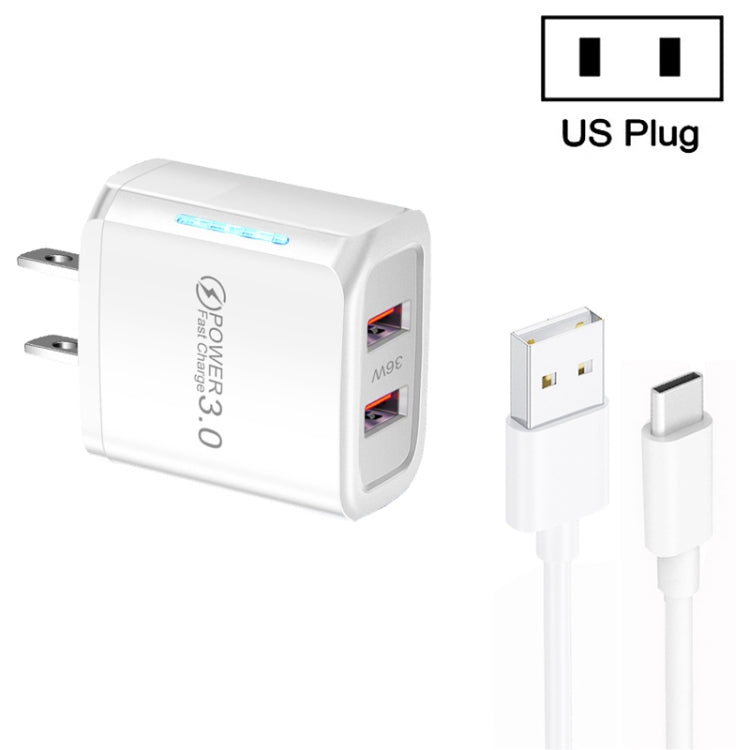 Carregador USB 36W de Dupla Porta QC3.0 com Cabo USB 3A para Type-C, Ficha EUA, Ficha EUA + Cabo USB para Type-C