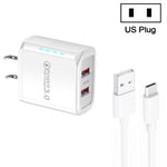 Carregador USB 36W de Dupla Porta QC3.0 com Cabo USB 3A para Type-C, Ficha EUA, Ficha EUA + Cabo USB para Type-C