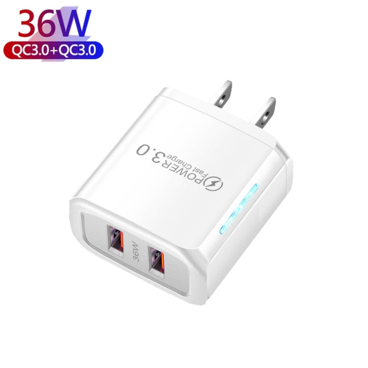 Carregador USB 36W de Dupla Porta QC3.0 com Cabo USB 3A para Type-C, Ficha EUA, Ficha EUA + Cabo USB para Type-C