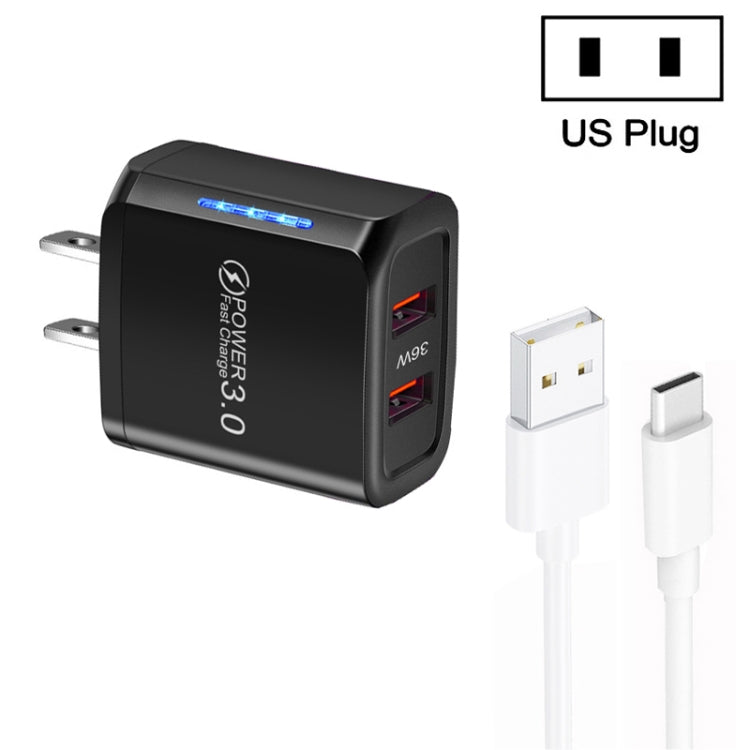 Carregador USB 36W de Dupla Porta QC3.0 com Cabo USB 3A para Type-C, Ficha EUA, Ficha EUA + Cabo USB para Type-C