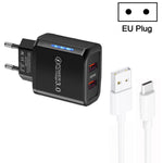 Carregador USB 36W de Dupla Porta QC3.0 com Cabo USB 3A para Type-C, Ficha UE, Ficha UE + Cabo USB para Type-C