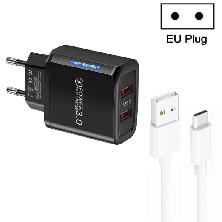 Carregador USB 36W de Dupla Porta QC3.0 com Cabo USB 3A para Type-C, Ficha UE, Ficha UE + Cabo USB para Type-C