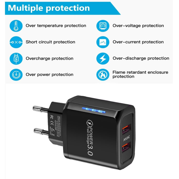 Carregador USB 36W de Dupla Porta QC3.0 com Cabo USB 3A para Type-C, Ficha UE, Ficha UE + Cabo USB para Type-C